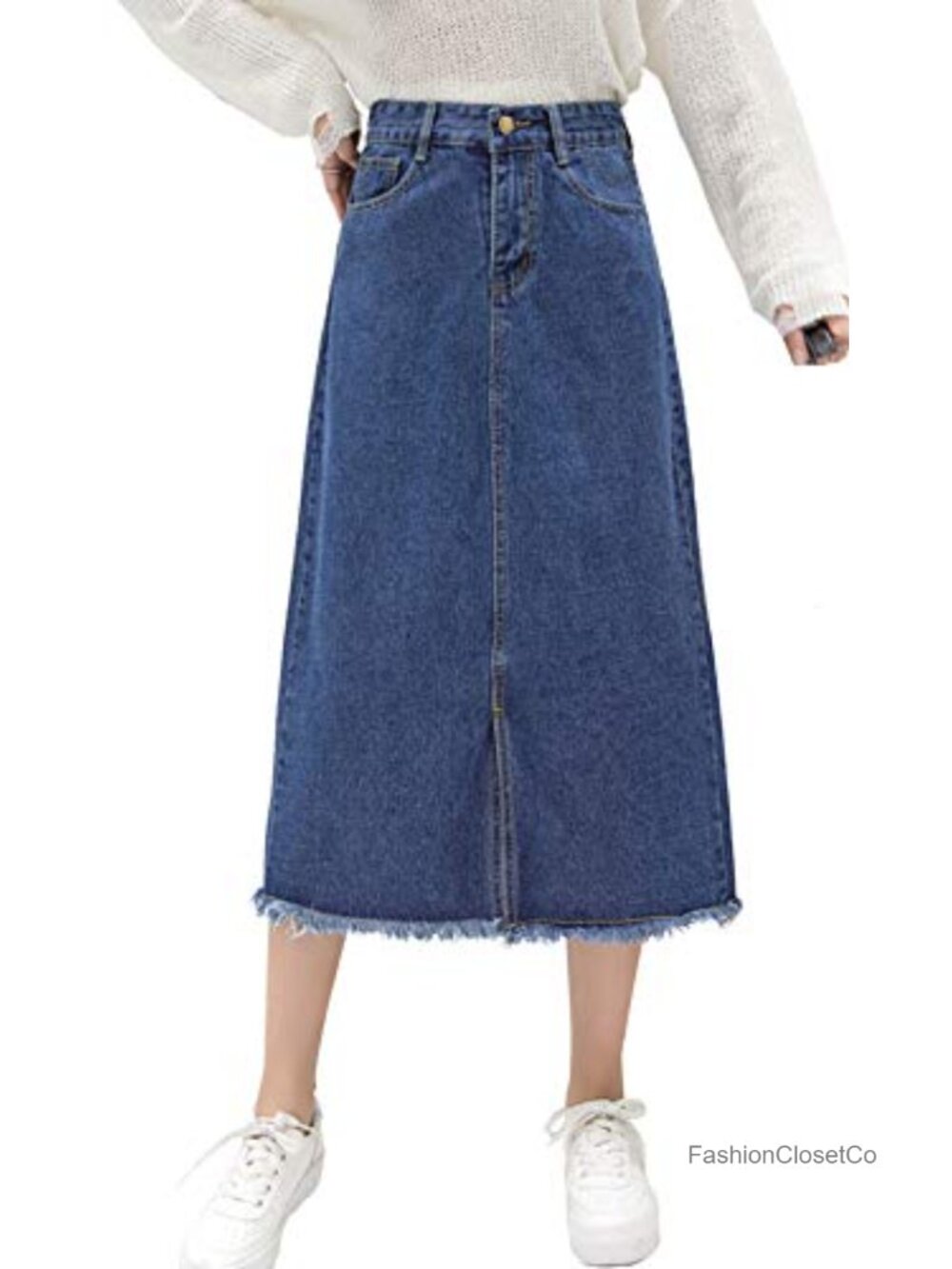 Women's Mid-Calf Frayed Raw Hem Front Slit A-Line Midi Denim Skirt